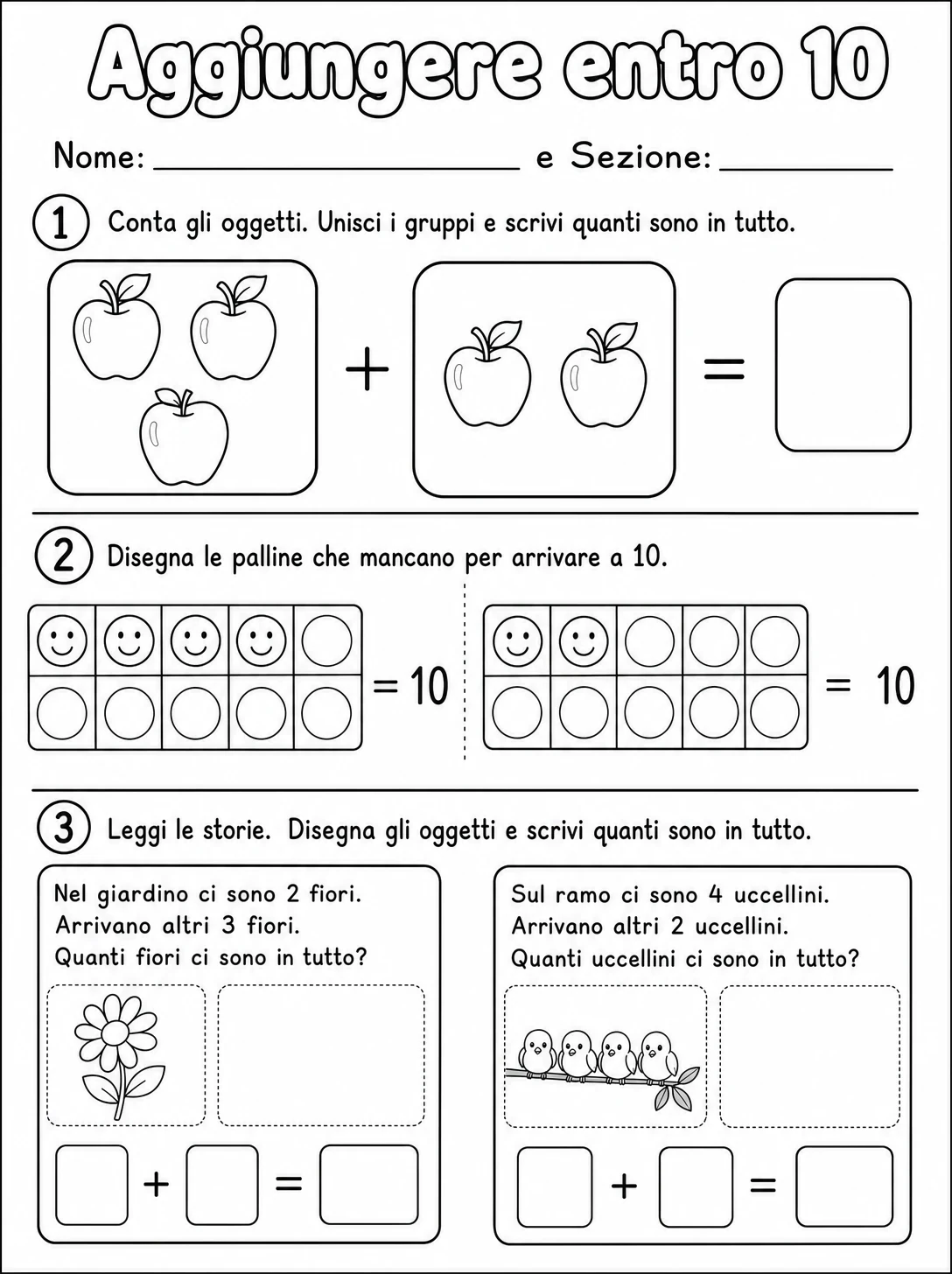 Aggiungere entro 10 - Scuola dell'infanzia printable Italian worksheet pack preview