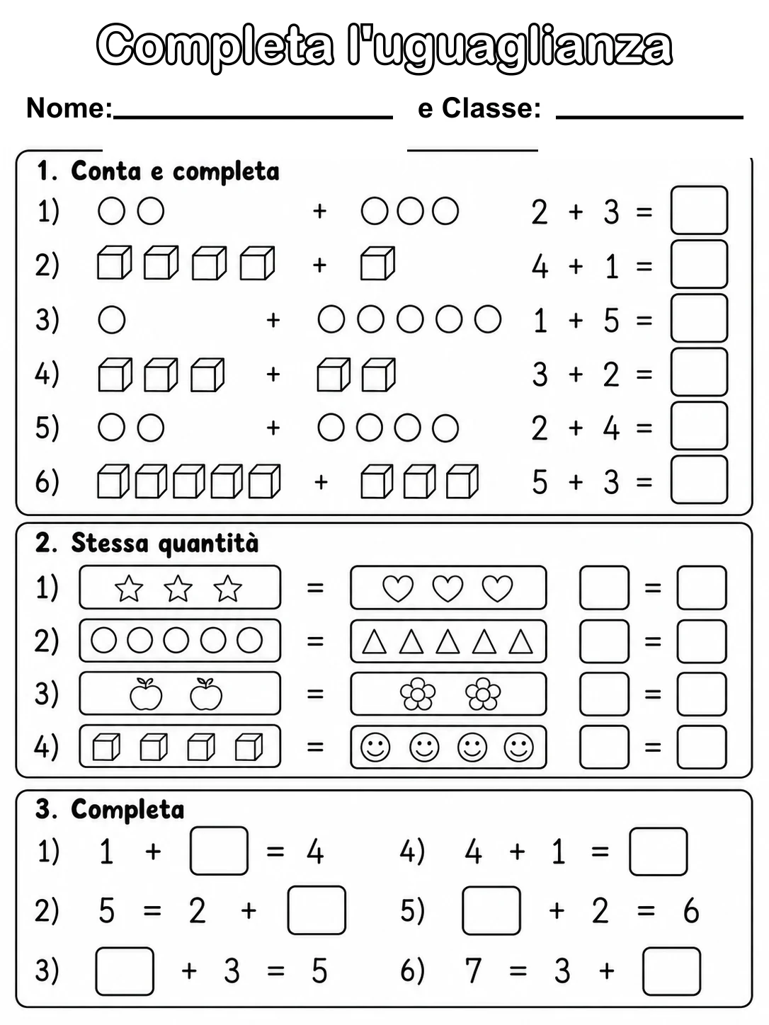 Completa l'uguaglianza - Classe 1 printable Italian worksheet pack preview