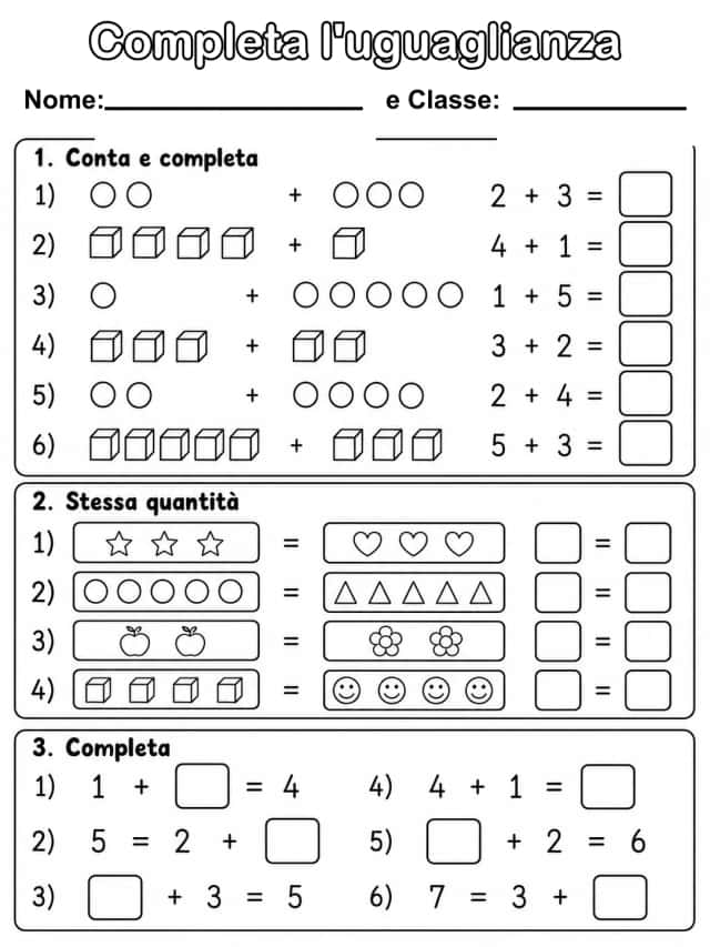 Completa l'uguaglianza - Classe 1
