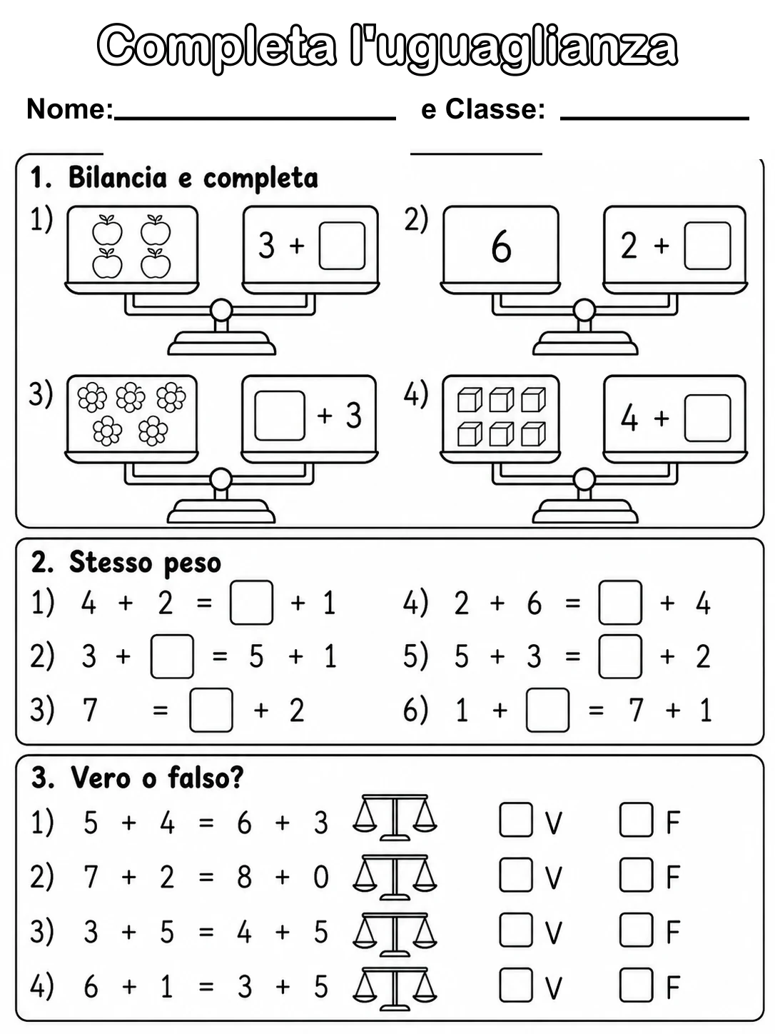 Completa l'uguaglianza Classe 1 scheda 2 in italiano