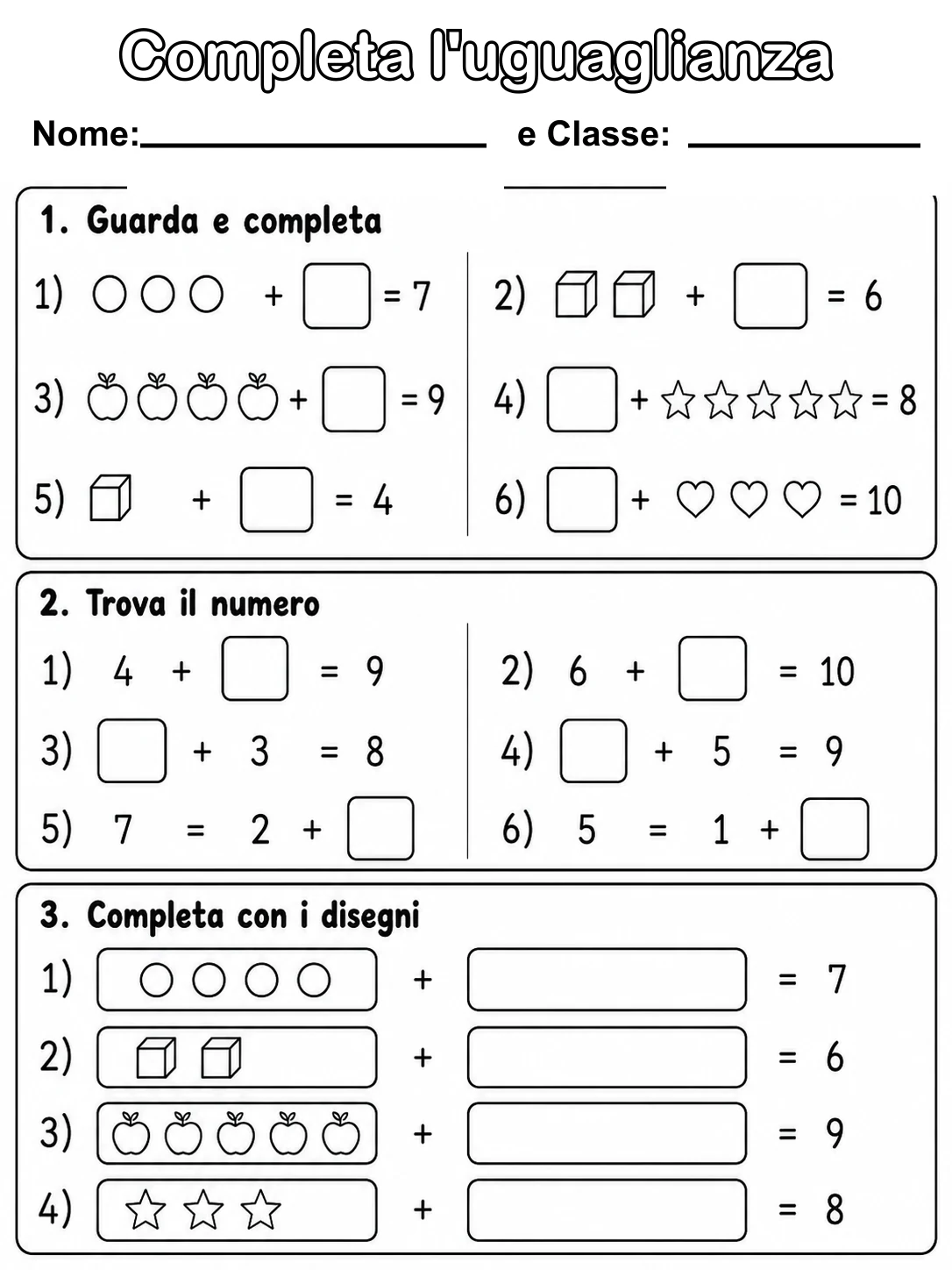 Completa l'uguaglianza Classe 1 scheda 3 in italiano