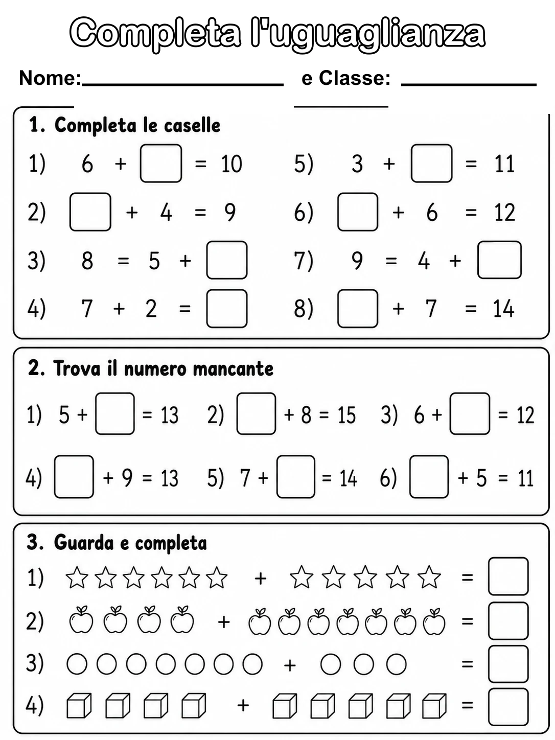 Completa l'uguaglianza Classe 1 scheda 4 in italiano