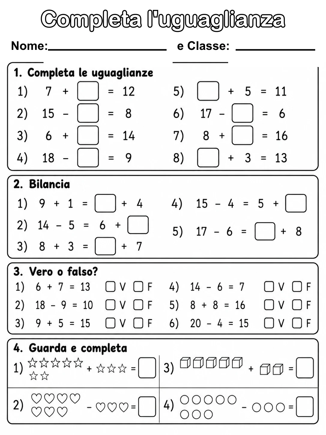 Completa l'uguaglianza Classe 1 scheda 5 in italiano