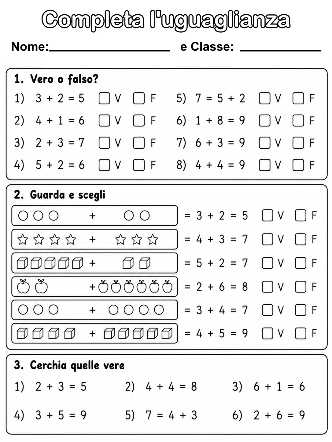 Completa l'uguaglianza Classe 1 scheda 6 in italiano