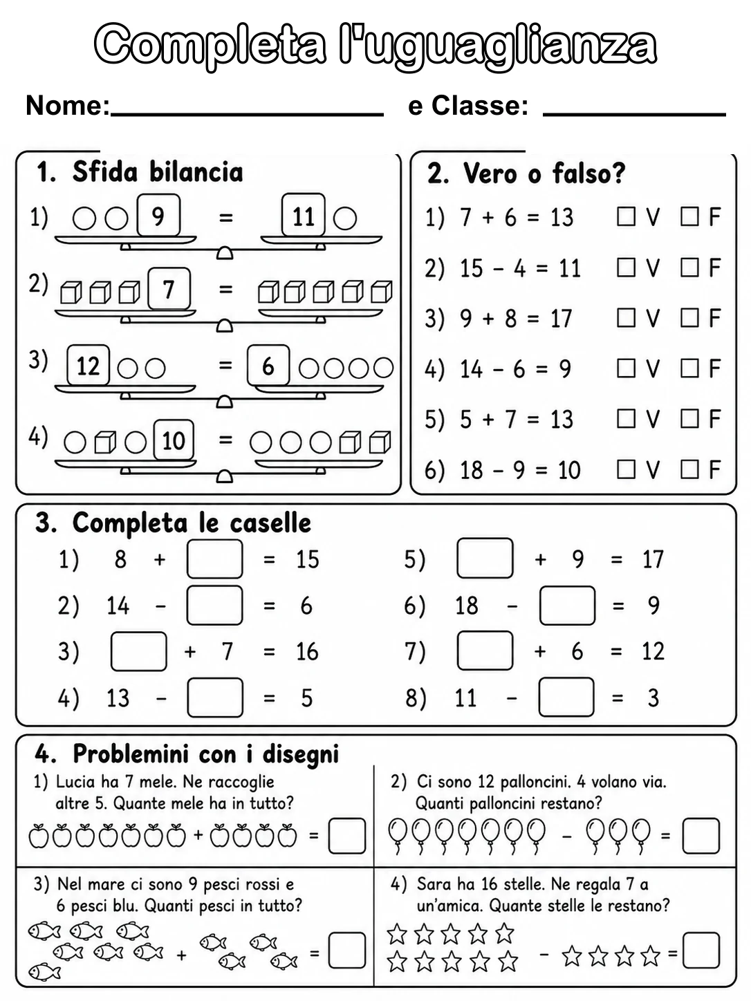 Completa l'uguaglianza Classe 1 scheda 8 in italiano