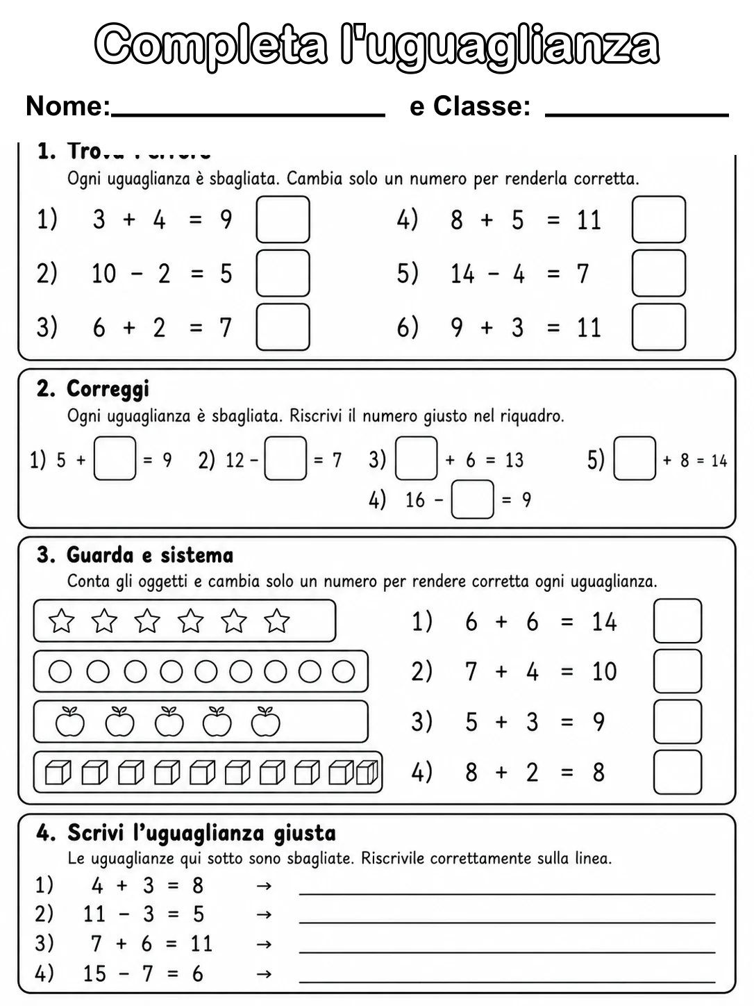 Completa l'uguaglianza Classe 1 scheda 9 in italiano