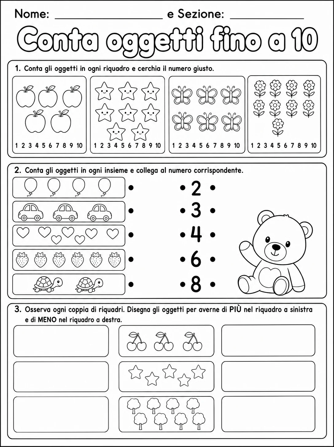 Conta oggetti fino a 10 - Scuola dell'infanzia printable Italian worksheet pack preview