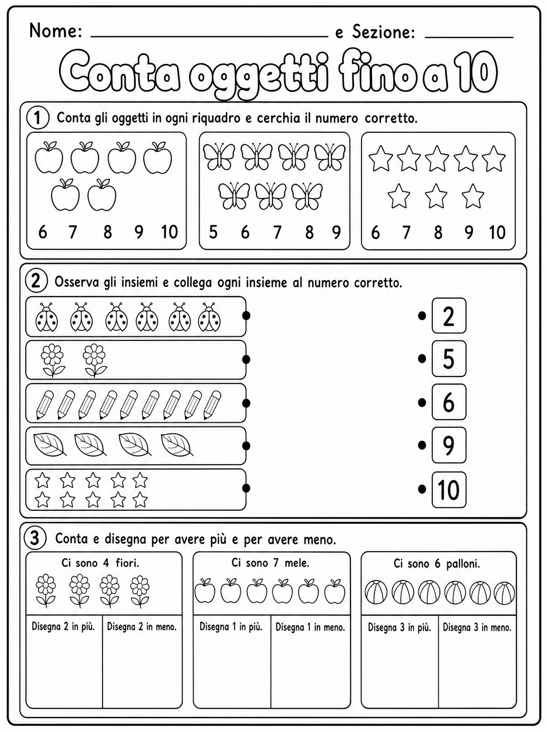 Conta oggetti fino a 10 Scuola dell'infanzia scheda 5 in italiano