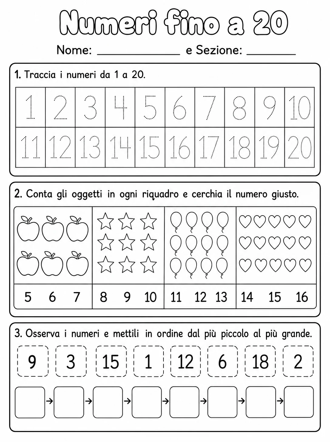 Numeri fino a 20 - Scuola dell'infanzia printable Italian worksheet pack preview
