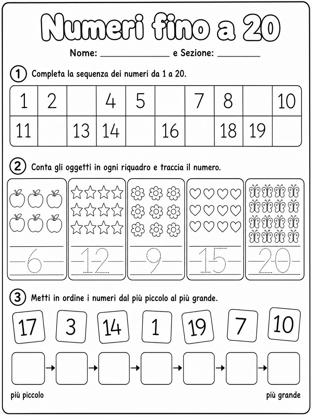 Numeri fino a 20 Scuola dell'infanzia scheda 2 in italiano