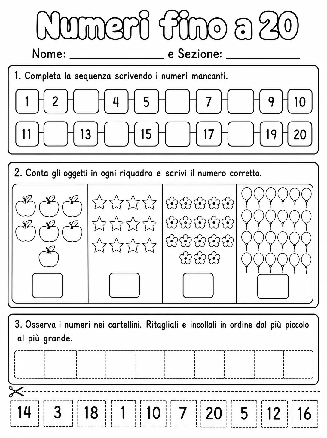 Numeri fino a 20 Scuola dell'infanzia scheda 3 in italiano