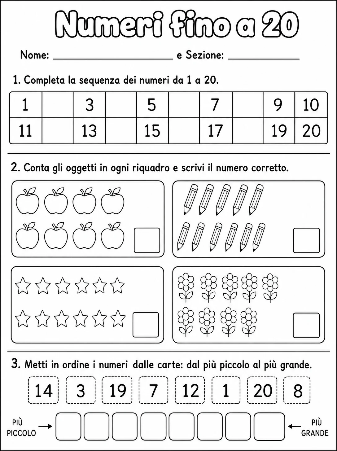 Numeri fino a 20 Scuola dell'infanzia scheda 5 in italiano