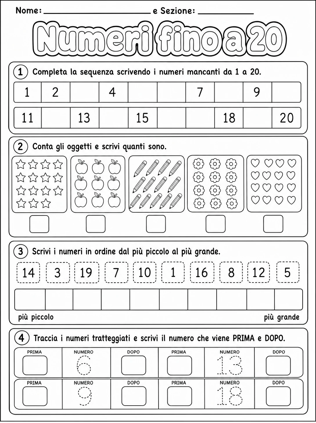 Numeri fino a 20 Scuola dell'infanzia scheda 6 in italiano