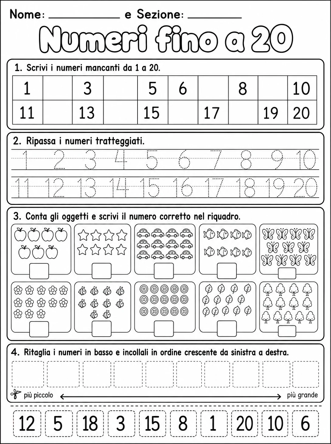 Numeri fino a 20 Scuola dell'infanzia scheda 8 in italiano