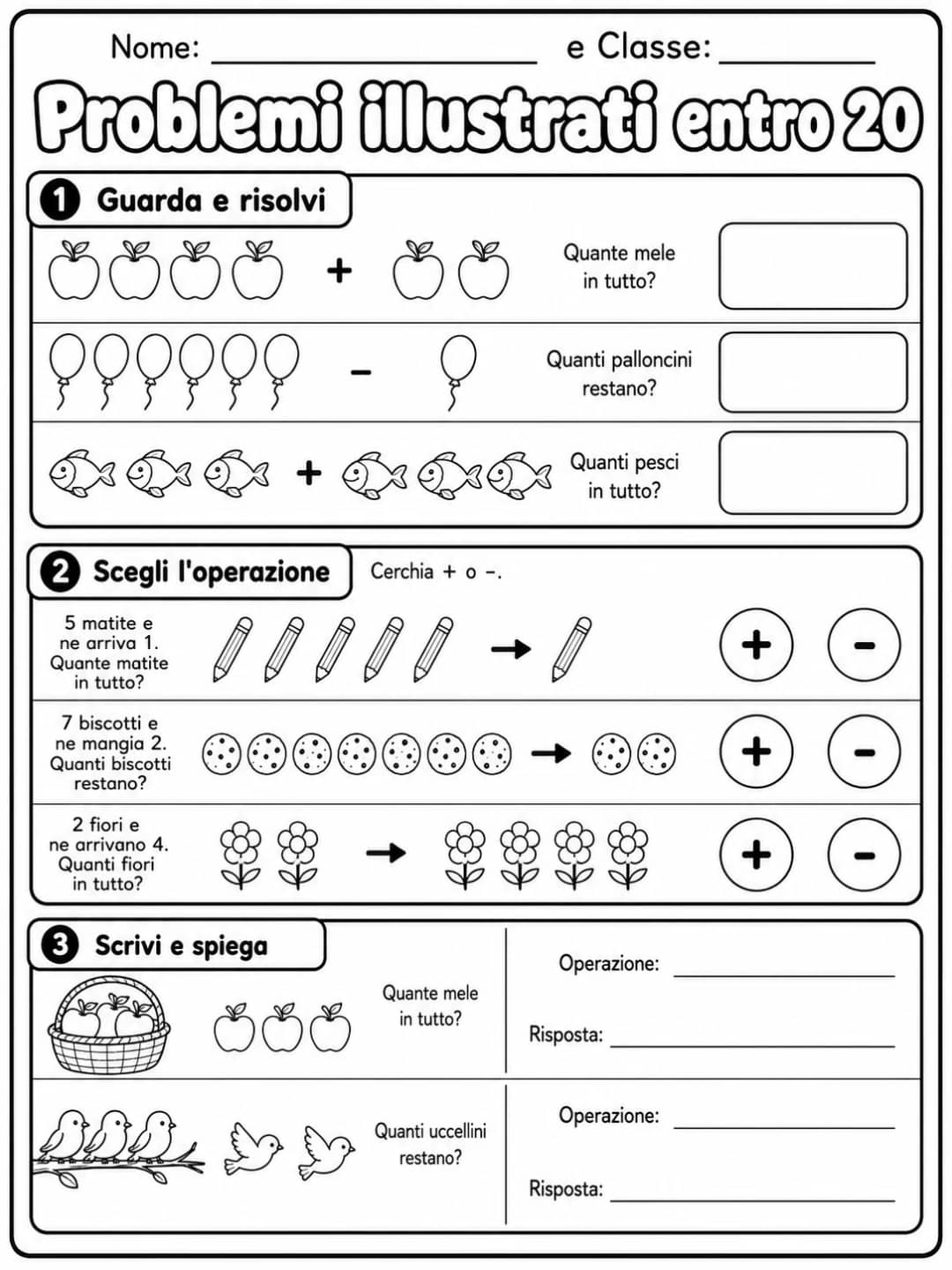 Problemi illustrati entro 20 - Classe 1 printable Italian worksheet pack preview