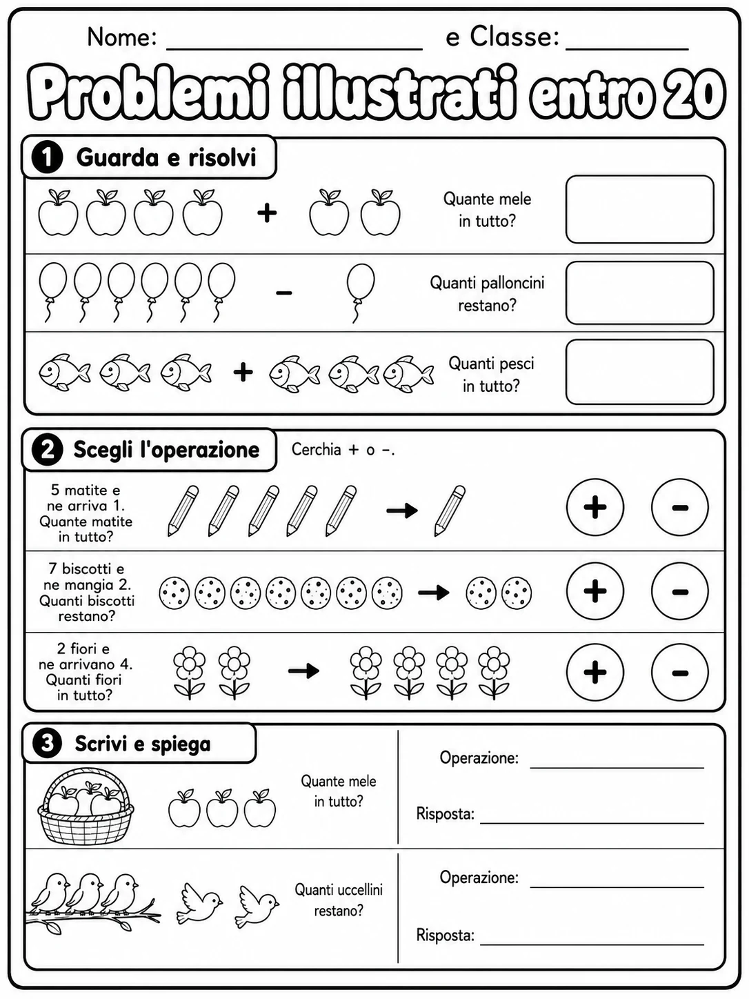 Problemi illustrati entro 20 - Classe 1 printable Italian worksheet pack preview