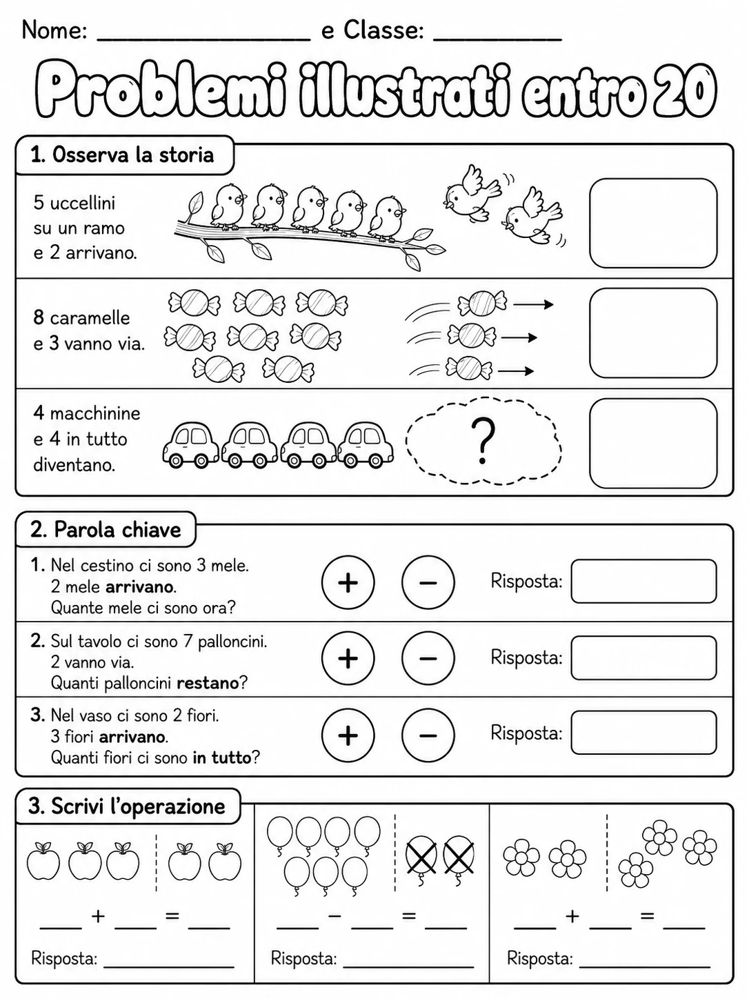 Problemi illustrati entro 20 Classe 1 scheda 2 in italiano