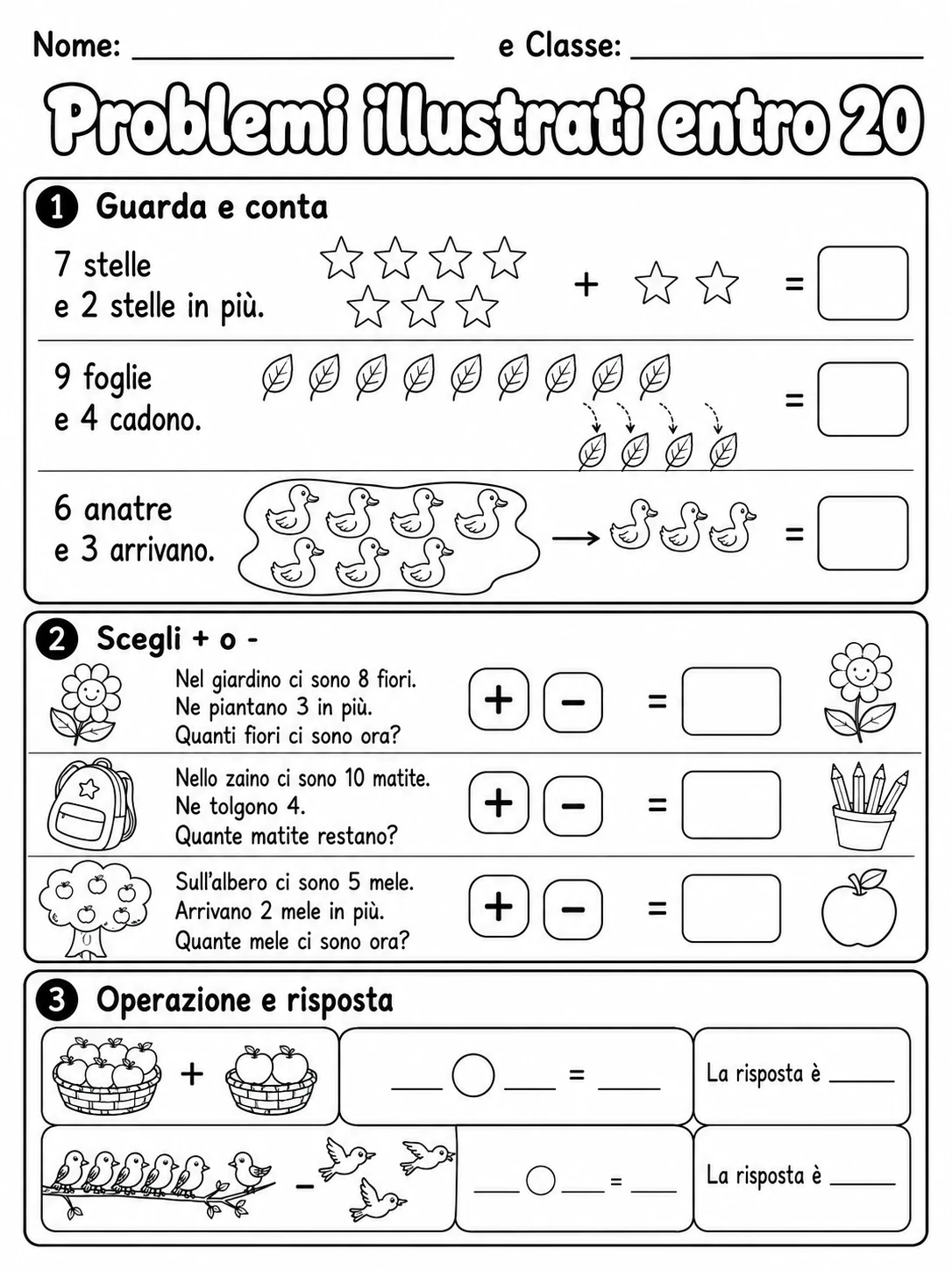Problemi illustrati entro 20 Classe 1 scheda 3 in italiano