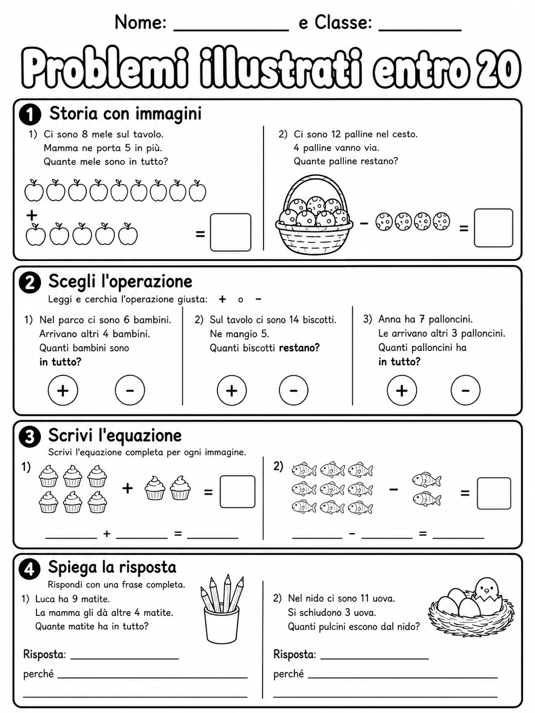 Problemi illustrati entro 20 Classe 1 scheda 4 in italiano