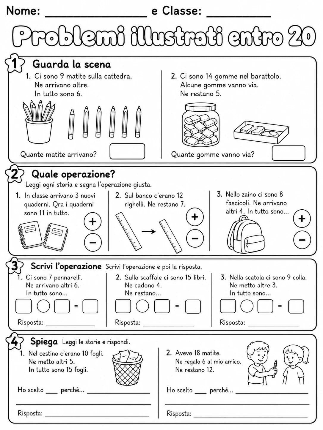 Problemi illustrati entro 20 Classe 1 scheda 5 in italiano