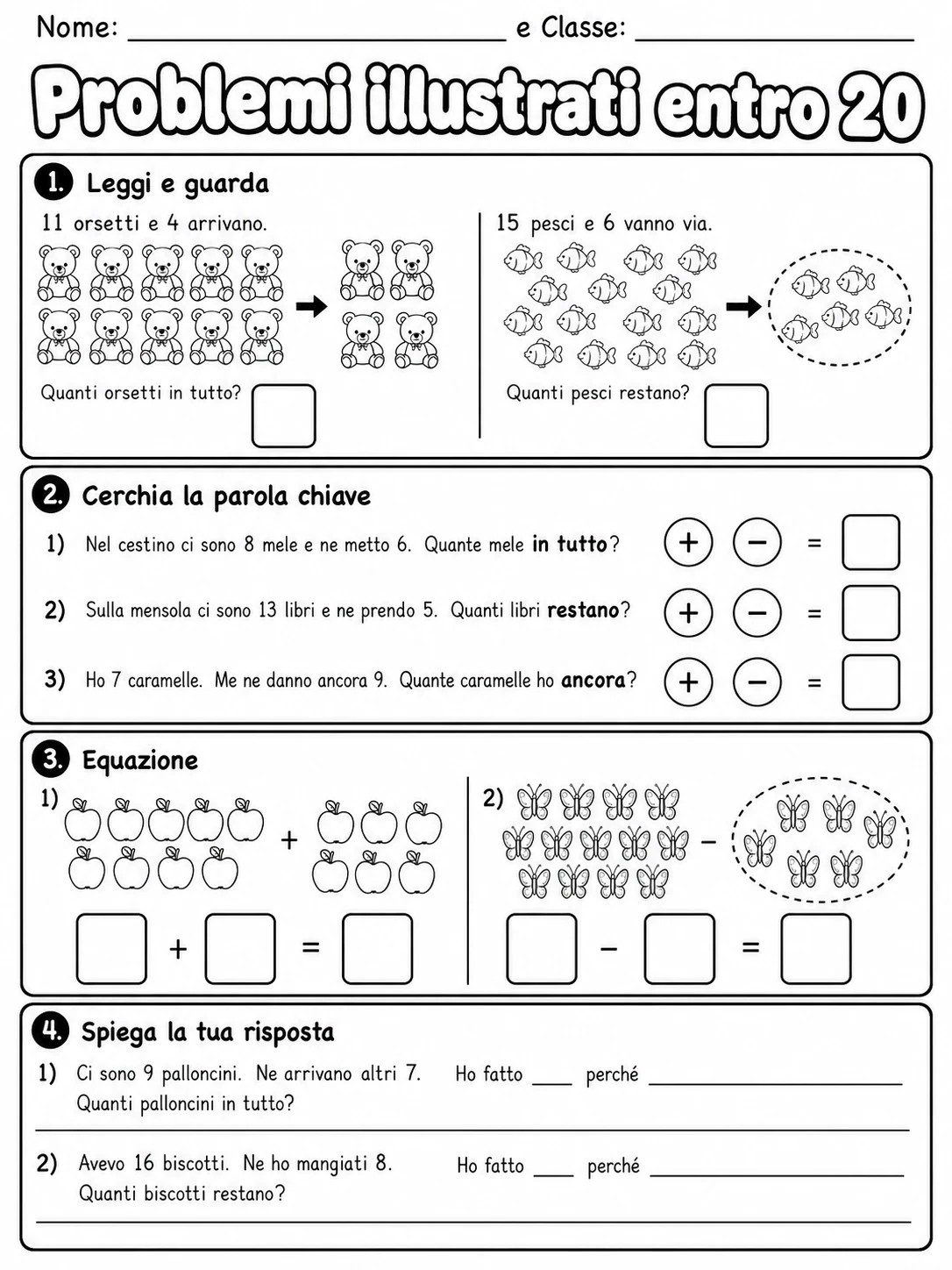 Problemi illustrati entro 20 Classe 1 scheda 6 in italiano