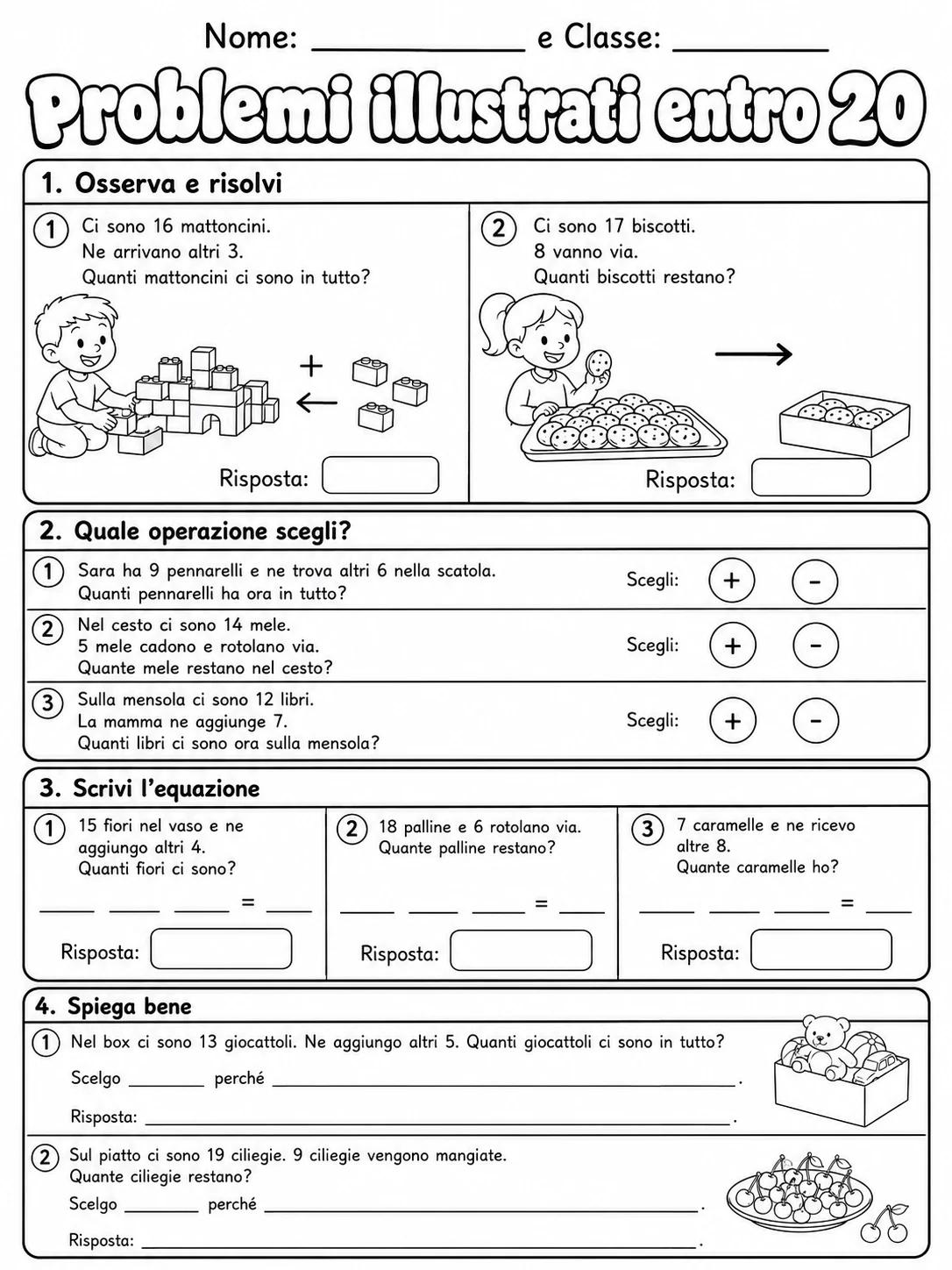 Problemi illustrati entro 20 Classe 1 scheda 8 in italiano