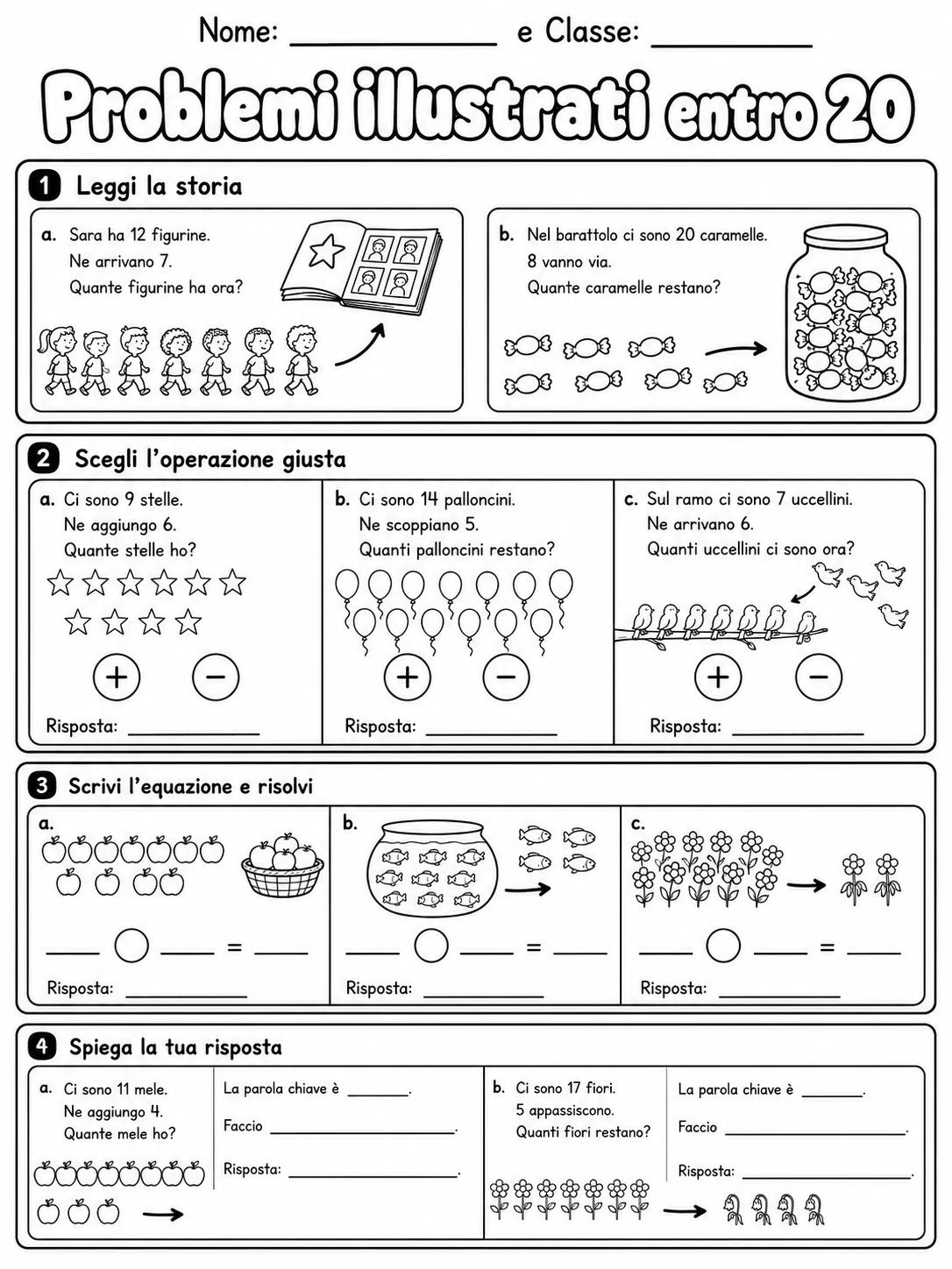 Problemi illustrati entro 20 Classe 1 scheda 10 in italiano