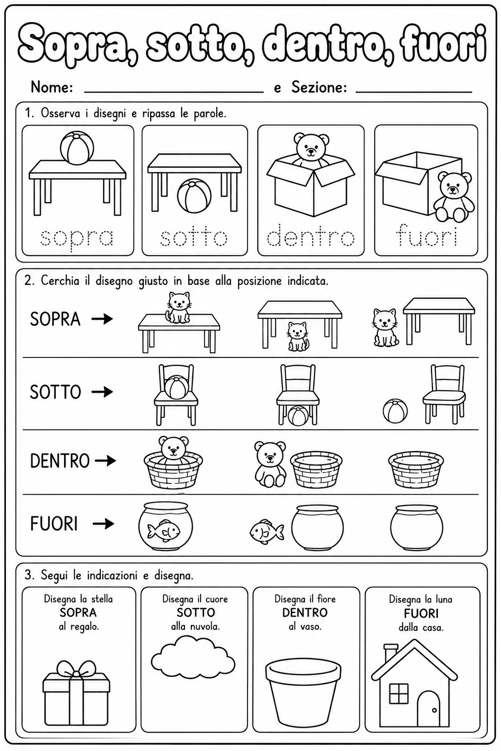 Sopra, sotto, dentro, fuori - Scuola dell'infanzia printable Italian worksheet pack preview