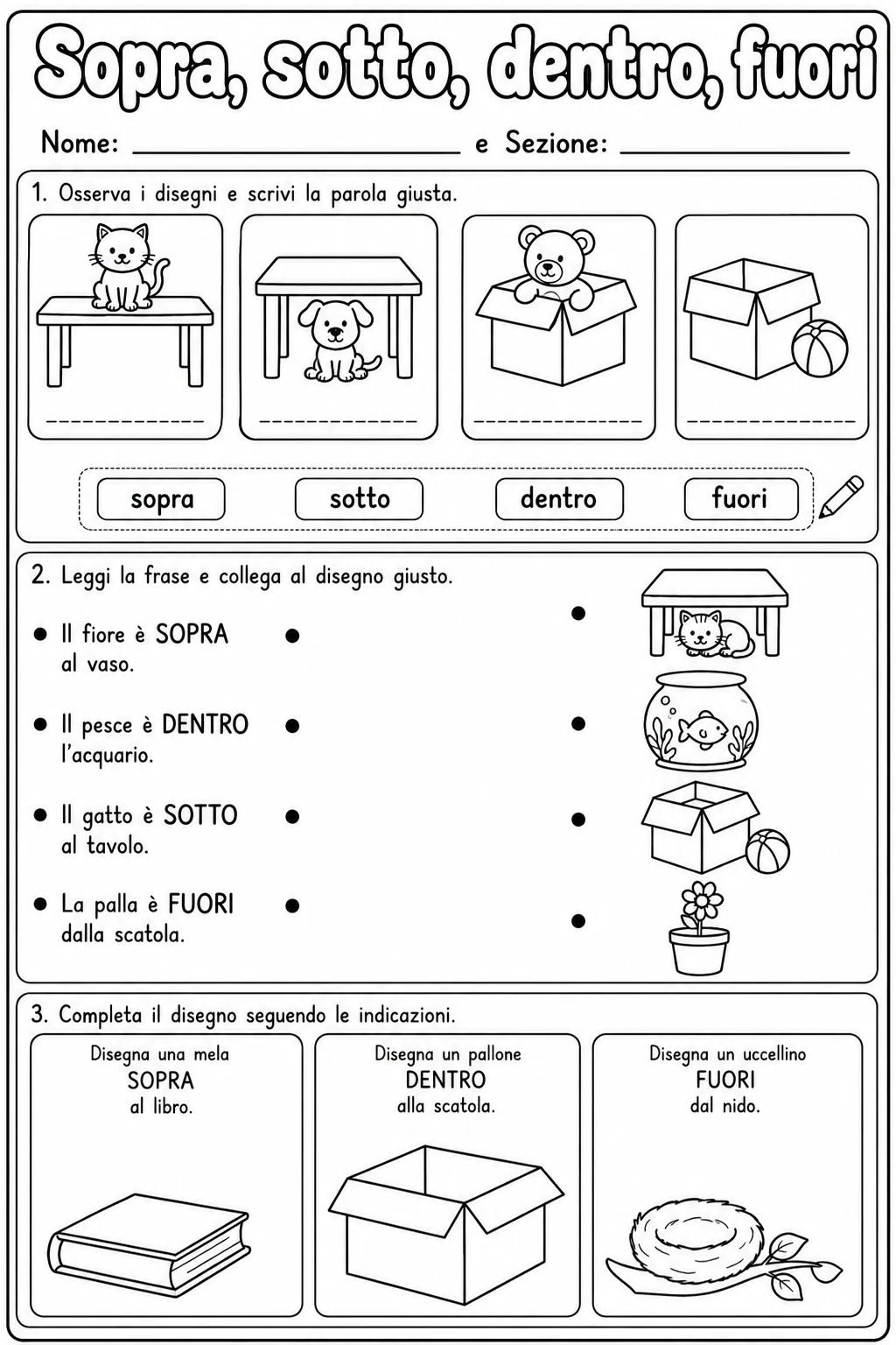 Sopra, sotto, dentro, fuori Scuola dell'infanzia scheda 3 in italiano