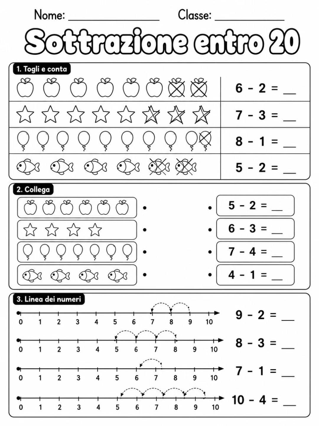 Sottrazione entro 20 - Classe 1 printable Italian worksheet pack preview