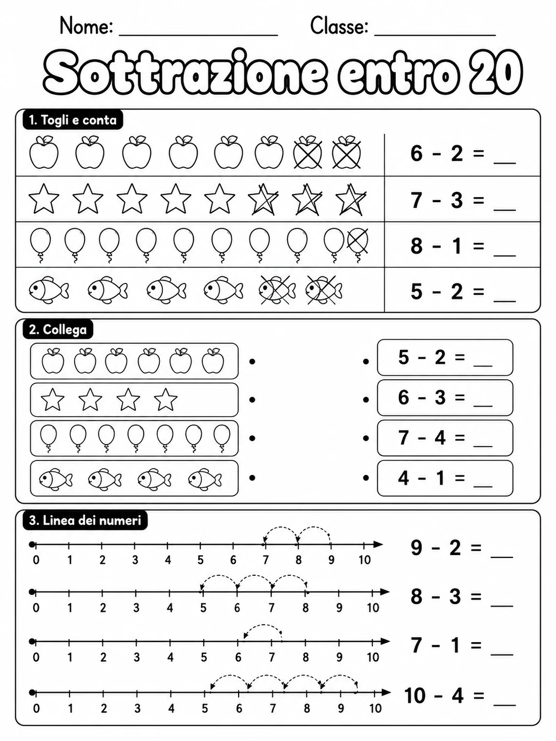 Sottrazione entro 20 - Classe 1 printable Italian worksheet pack preview