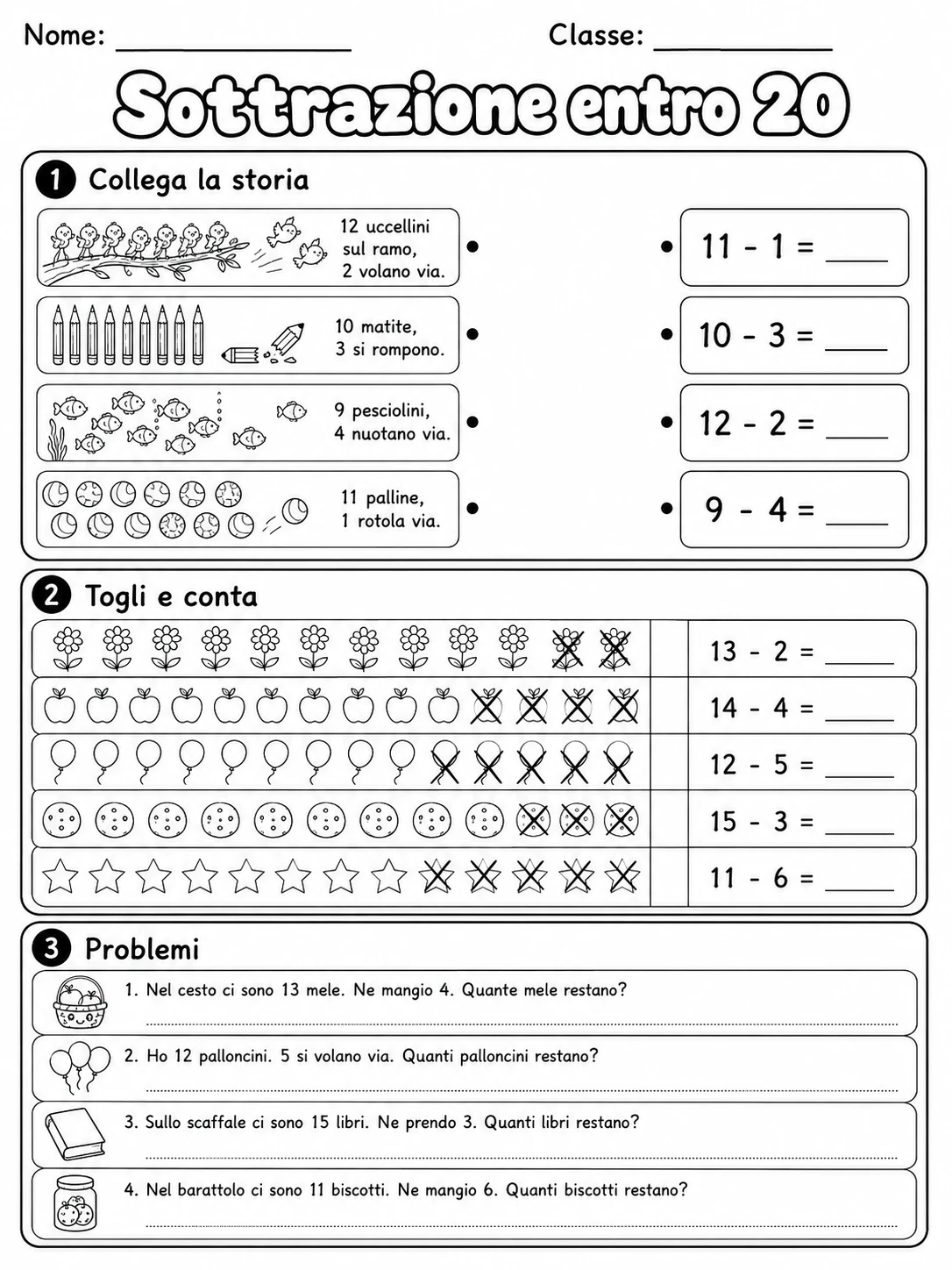 Sottrazione entro 20 Classe 1 scheda 3 in italiano