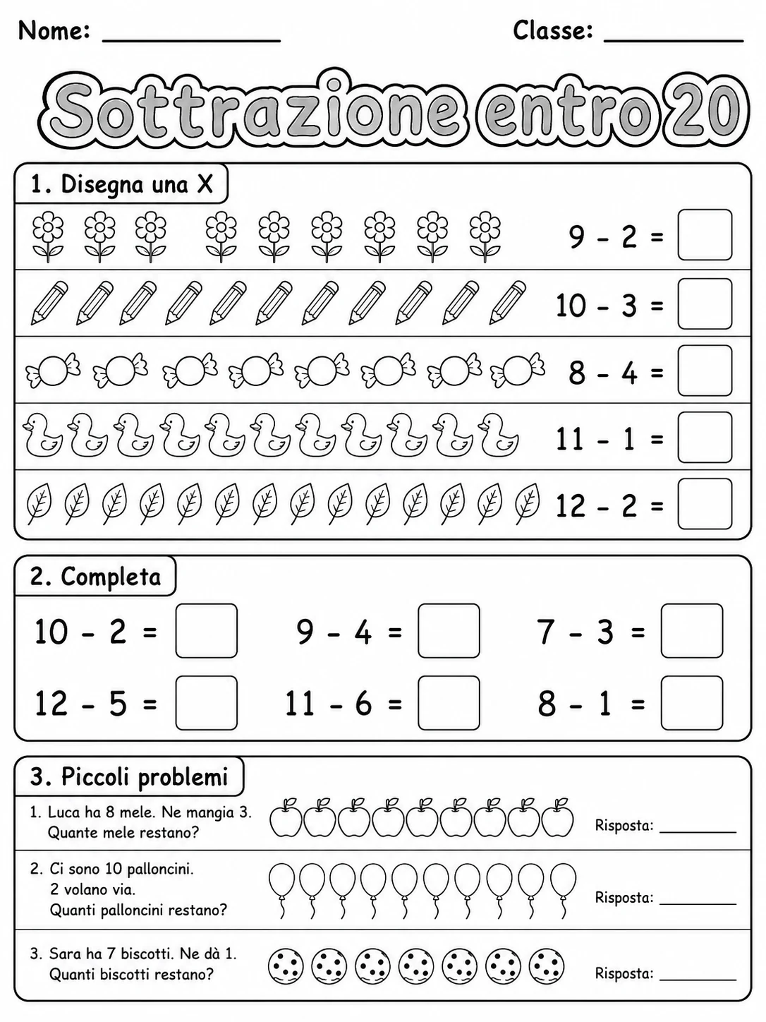 Sottrazione entro 20 Classe 1 scheda 4 in italiano