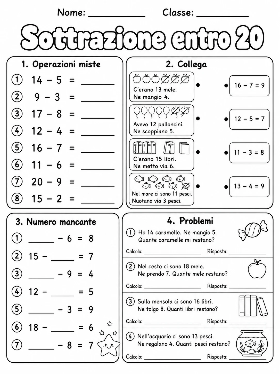 Sottrazione entro 20 Classe 1 scheda 7 in italiano
