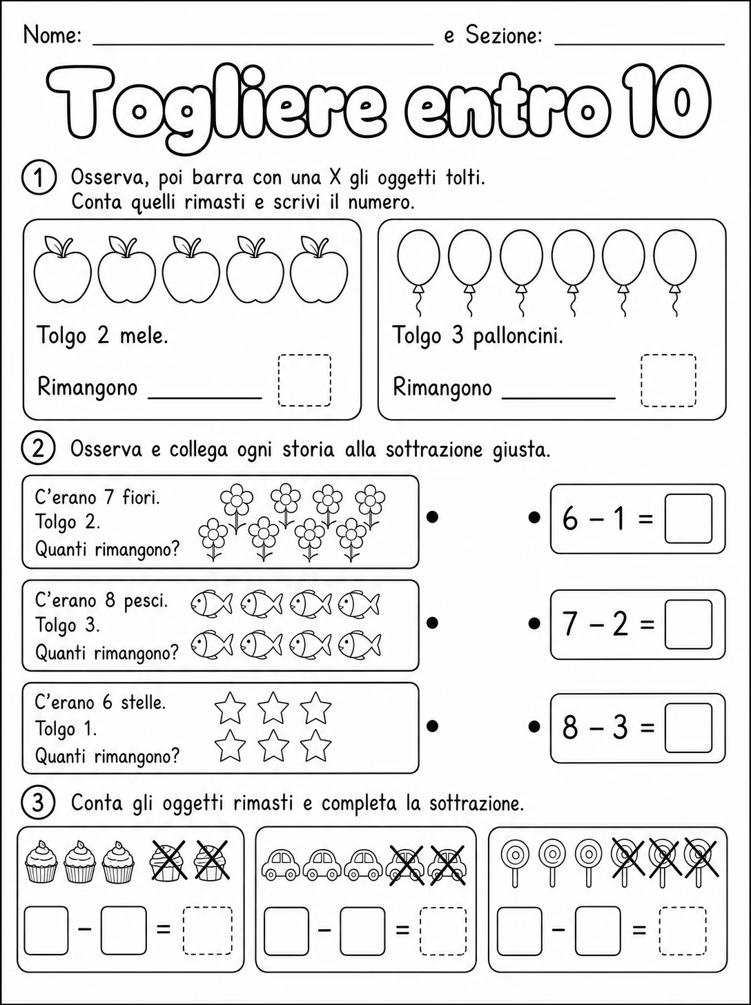 Togliere entro 10 - Scuola dell'infanzia printable Italian worksheet pack preview