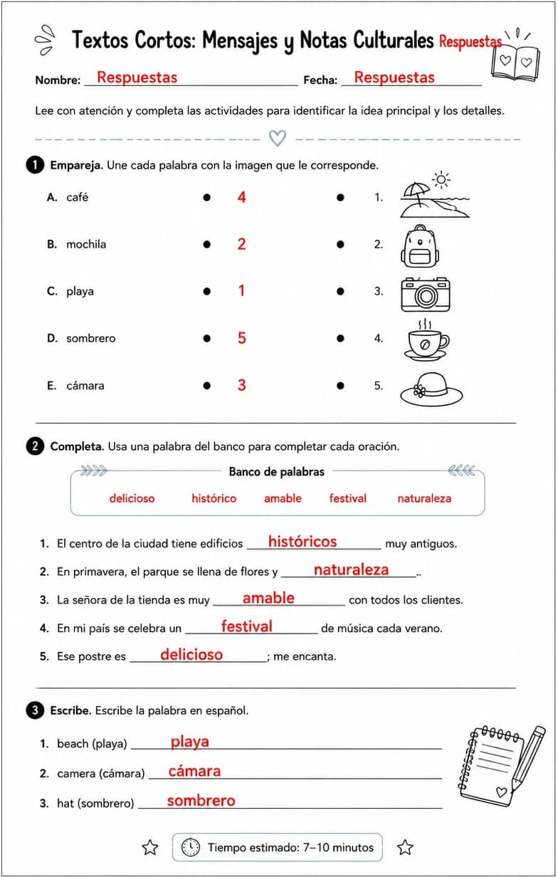 Answer key for Leer mensajes cortos, descripciones y notas culturales para identificar la idea principal y detalles. — free printable Spanish worksheet