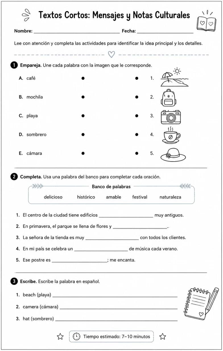 Leer mensajes cortos, descripciones y notas culturales para identificar la idea principal y detalles. — free printable High School Spanish worksheet