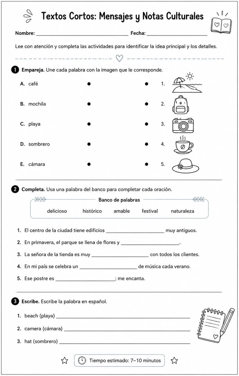 Leer mensajes cortos, descripciones y notas culturales para identificar la idea principal y detalles.