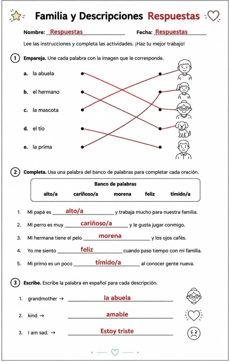 Answer key for Nombrar miembros de la familia, mascotas, rasgos de personalidad, apariencia y sentimientos. — free printable Spanish worksheet