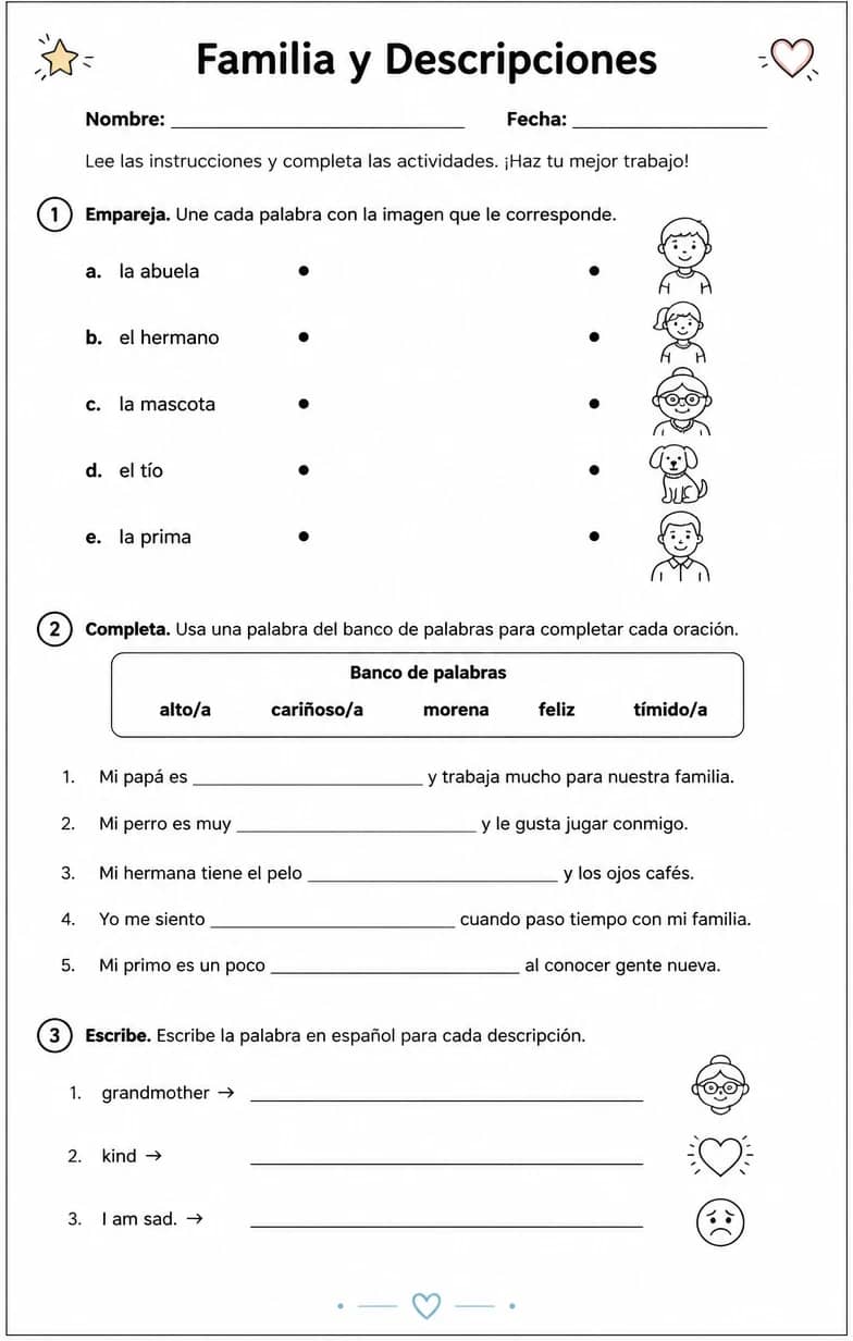 Nombrar miembros de la familia, mascotas, rasgos de personalidad, apariencia y sentimientos. — free printable Middle School Spanish worksheet