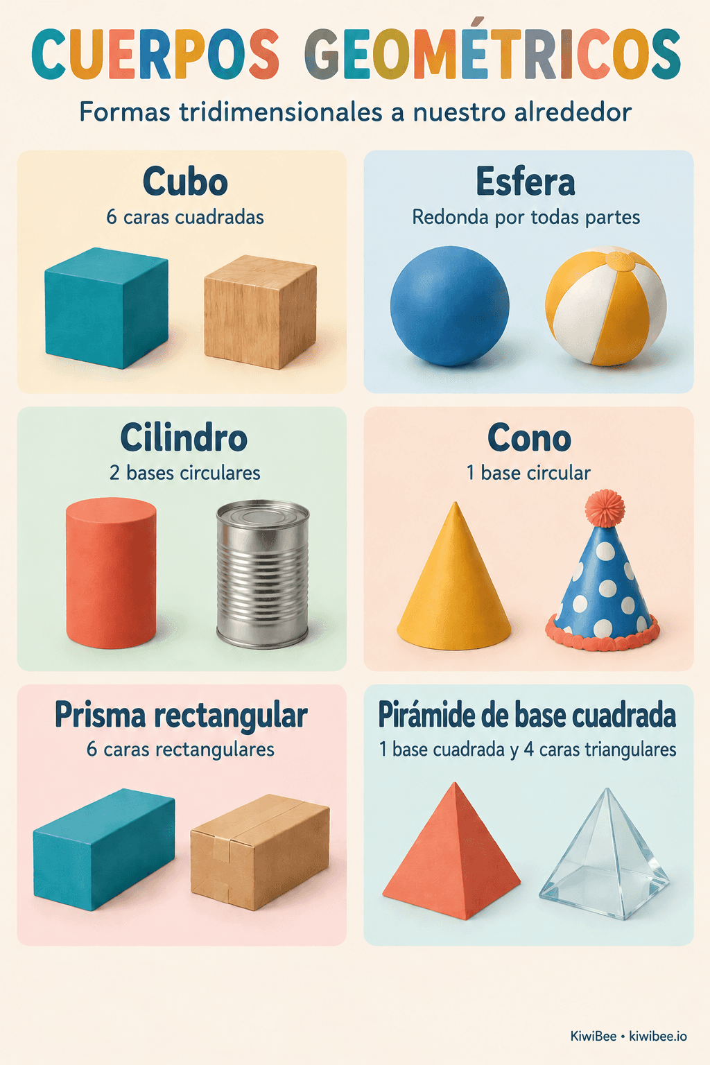 Cartel en español con cubo, esfera, cilindro, cono, prisma rectangular y pirámide de base cuadrada, junto a objetos cotidianos.
