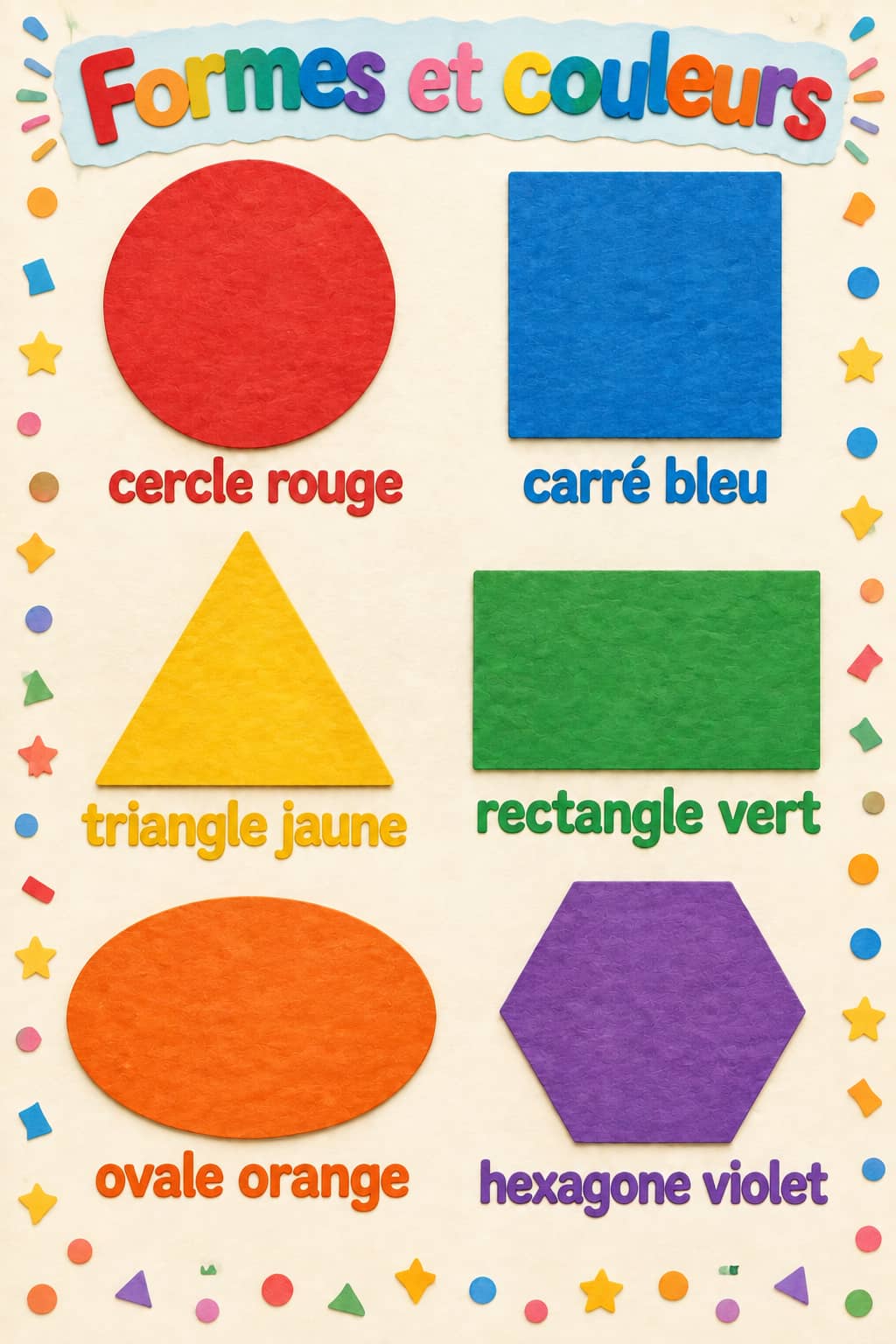 Affiche de style papier découpé avec un cercle rouge, un carré bleu, un triangle jaune, un rectangle vert, un ovale orange et un hexagone violet, tous légendés.