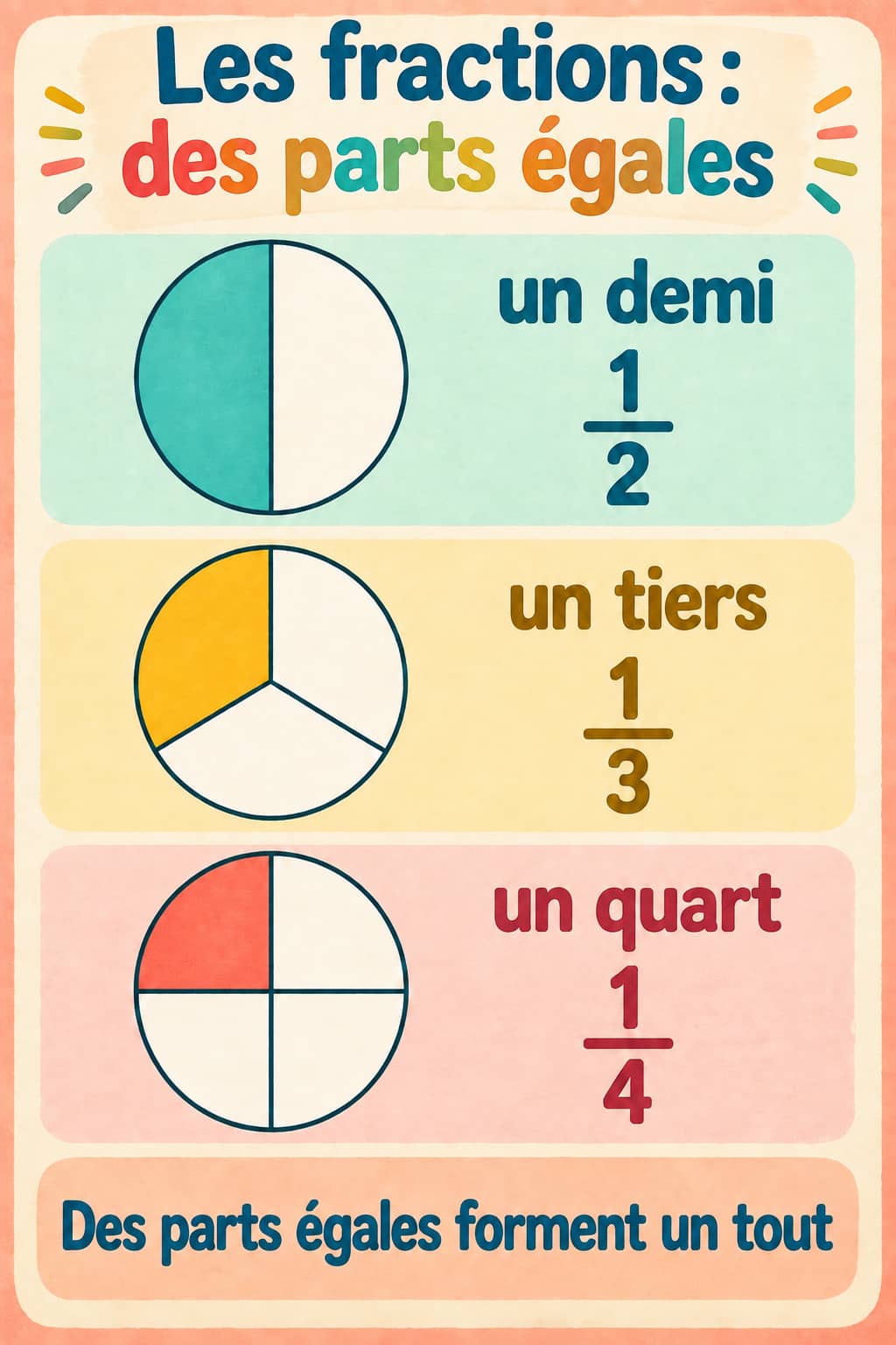 Affiche Les fractions : des parts égales avec trois disques représentant un demi, un tiers et un quart, chacun avec une seule part colorée.