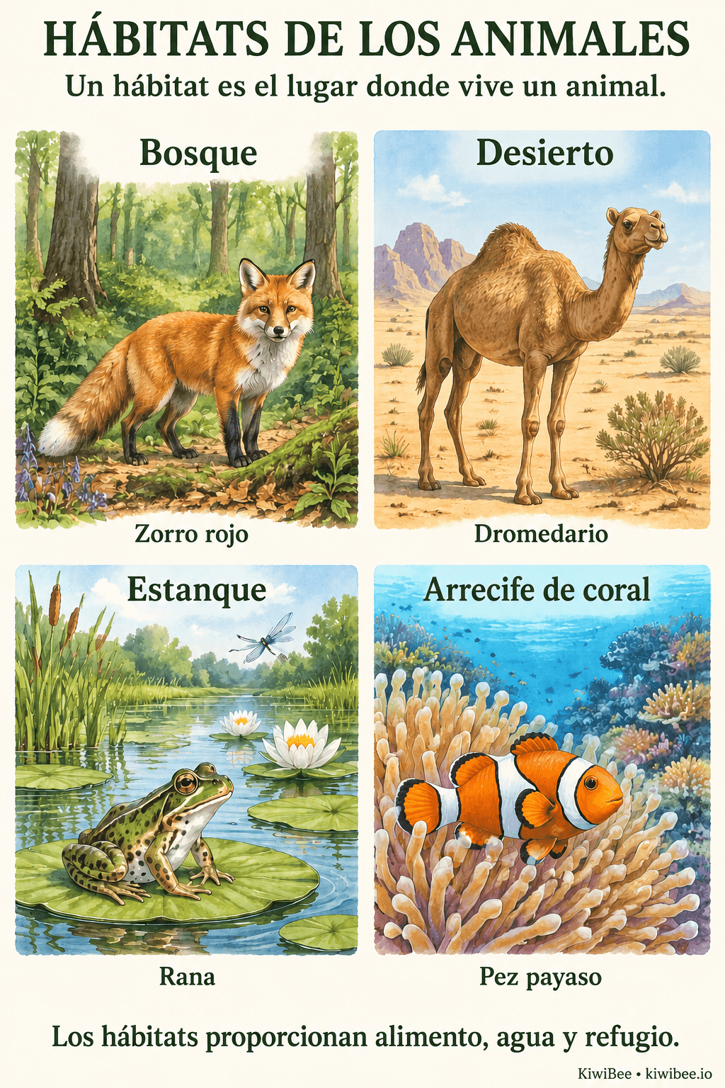 Cartel ilustrado con un zorro en el bosque, un camello en el desierto, una rana en el estanque y un pez payaso en el arrecife de coral.