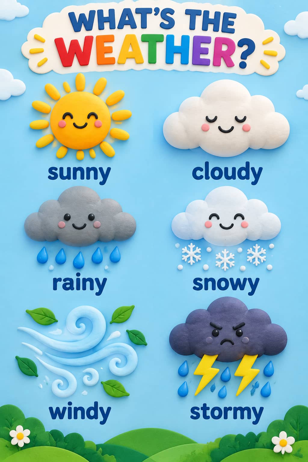 Clay-style weather chart showing sunny, cloudy, rainy, snowy, windy and stormy symbols with English labels beneath What's the Weather.