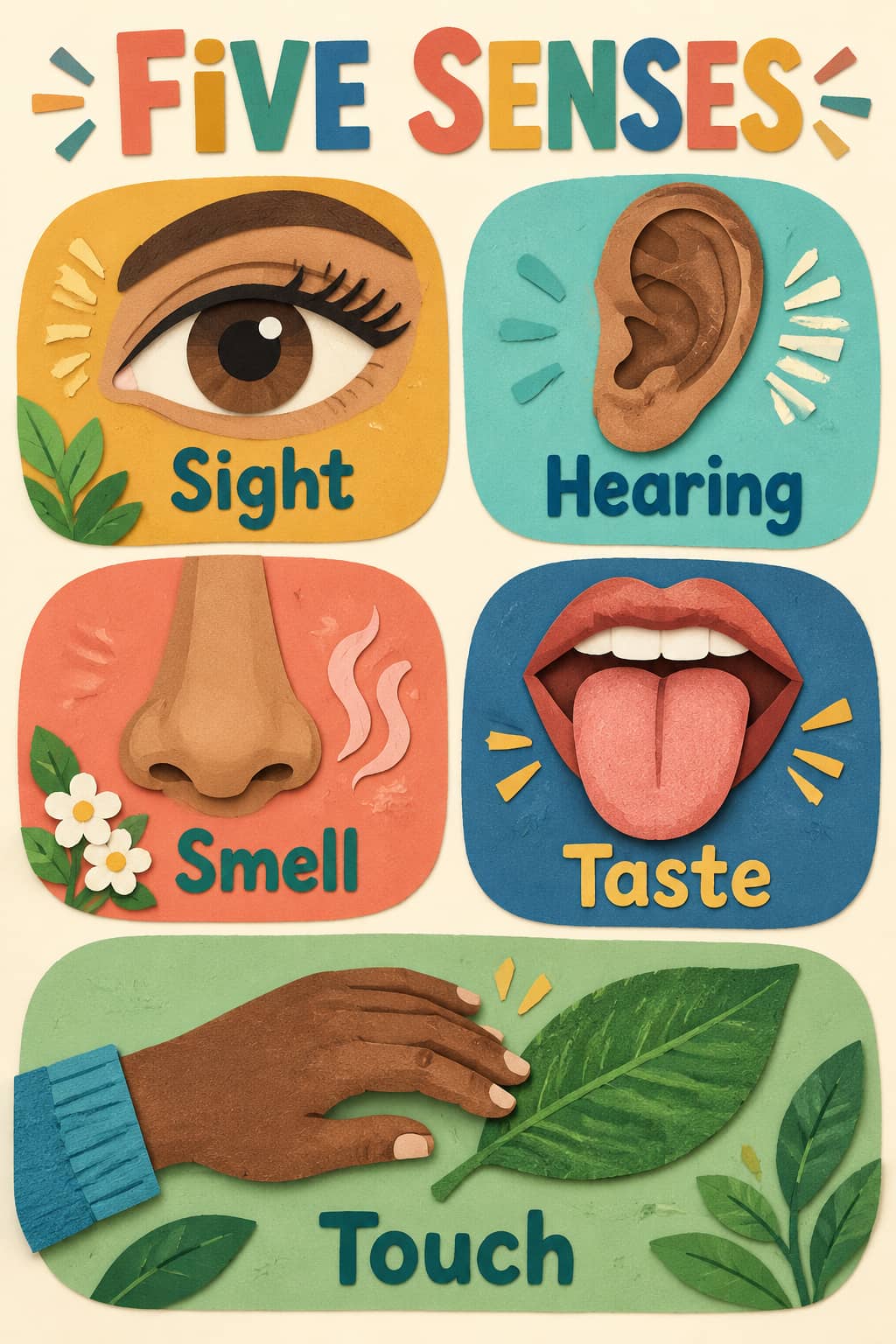 Cut-paper Five Senses poster with an eye for sight, ear for hearing, nose for smell, tongue for taste and hand touching a leaf for touch.