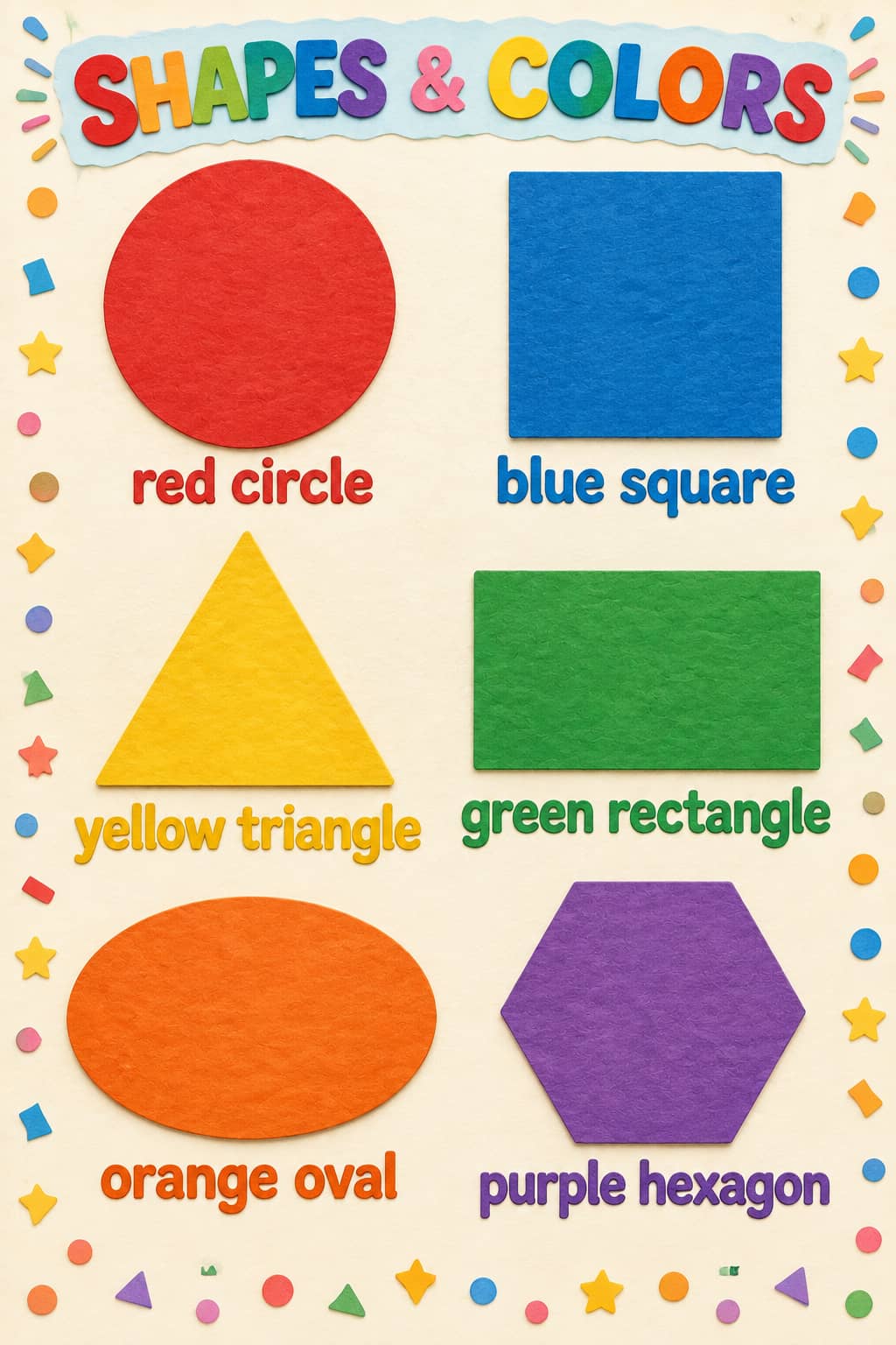 Cut-paper chart with a red circle, blue square, yellow triangle, green rectangle, orange oval and purple hexagon, each labeled in English.