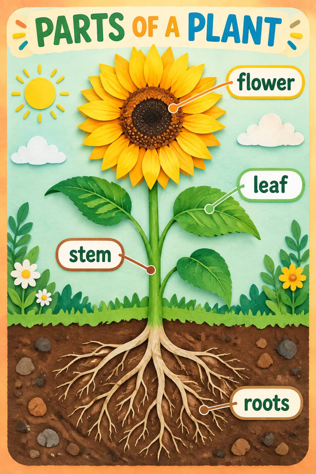 Dimensional cut-paper sunflower poster with labeled flower, leaf, stem and roots, including roots shown beneath the soil.