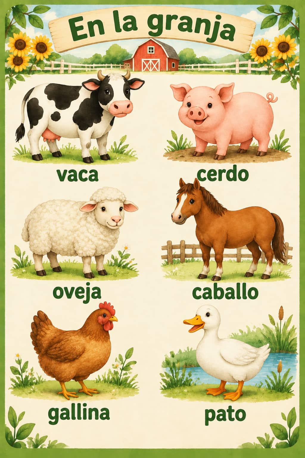 Lámina En la granja con una vaca, un cerdo, una oveja, un caballo, una gallina y un pato, cada uno con su nombre en español.