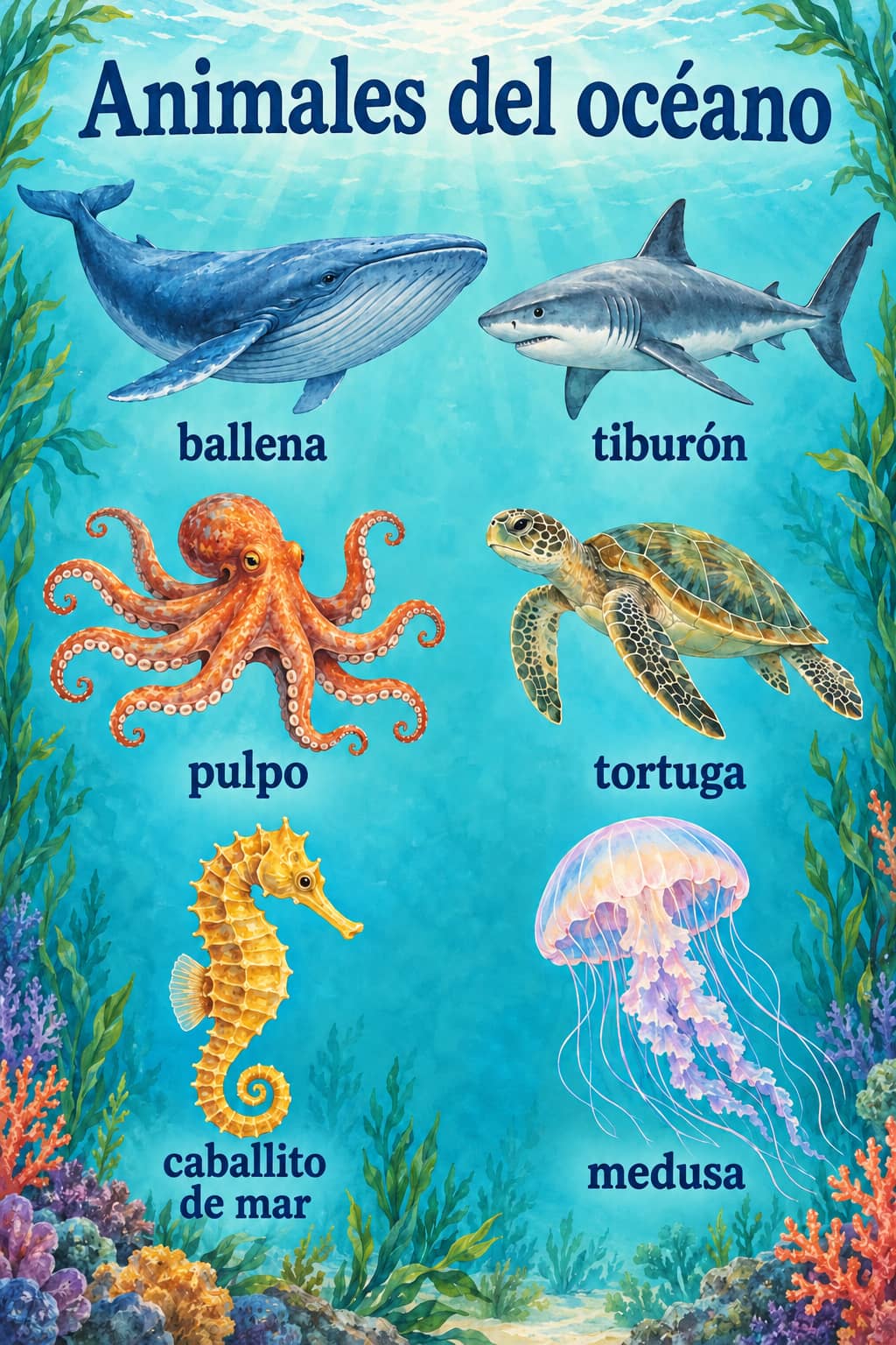 Lámina Animales del océano con ballena, tiburón, pulpo, tortuga marina, caballito de mar y medusa, todos etiquetados en español sobre un fondo turquesa.
